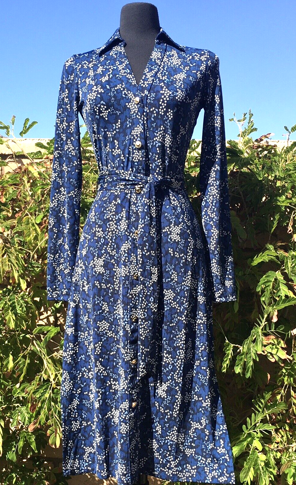 Michael Kors XS Blue/white floral Long Sleeve V- neck Collared Midi dress-NWT