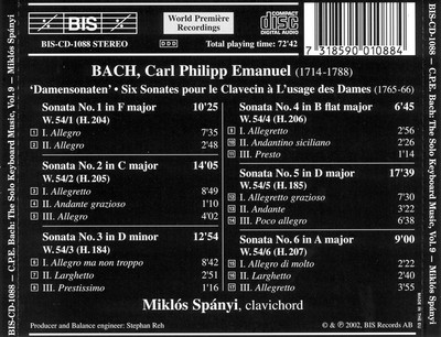 MIKLÓS SPÁNYI C.P.E. BACH: THE SOLO KEYBOARD MUSIC, VOL. 9 (''DAMENSONATEN'') NEW 