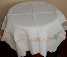 Vintage Embroidered Applique Ivory Tablecloth Coffee table Topper 34"X 34 1/2 "