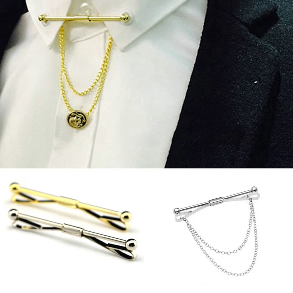 Men Shirt Collar Bar Pin Chain Solid Silver Gold Metal Business Suits Jewelry - Image 2 of 3