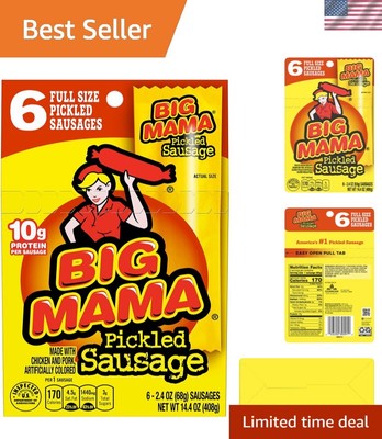 Big Mama Pickled Sausages, 6 Individually Packaged 2.4 oz - Low-Cal Snack Treat
