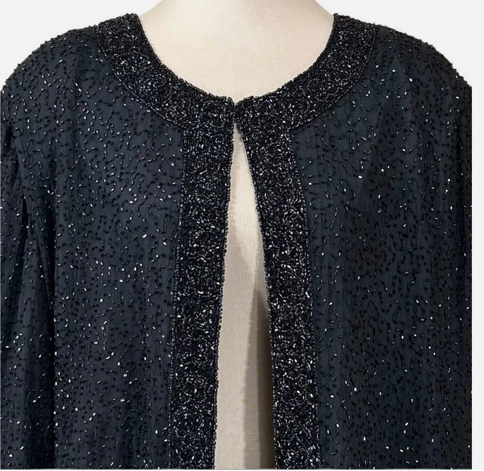 复古 Laurence Kazar 黑色丝绸串珠罩衫上衣夹克钩/眼睛 COCKTAIL 派对 L — 第 4/4 张图片