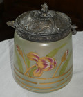 SUPERBE POT SEAU A BISCUITS ANCIEN EN VERRE EMAILLE ART NOUVEAUDECOR DE FLEURS