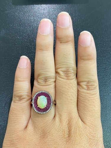 NATURAL FIRE OPAL 9X7 SAPPHIRE DIAMOND CUT STERLING SILVER 925 RING EARRING - 第 11/13 張圖片