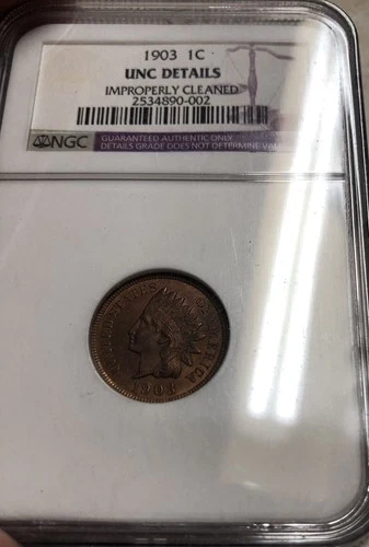1903 1C Indian Head Cent NGC GRADED UNC DETAILS IMPROPERLY CLEANED NICE COIN