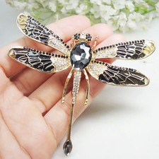 Vintage Style Black Rhinestone Crystal Dragonfly Insect Woman Brooch Pin Pendant