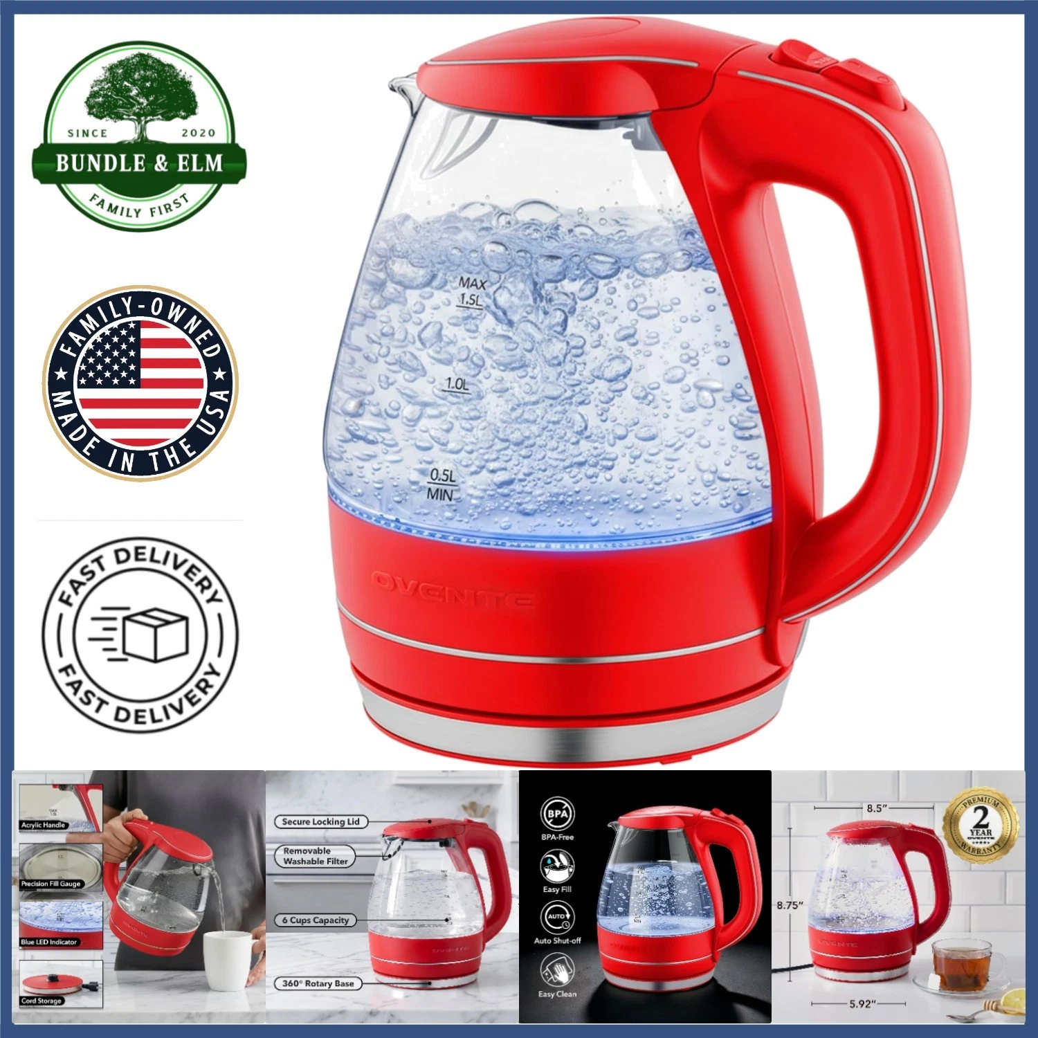 1.5L Electric Kettle for Coffee and Tea, BPA-Free Glass Design with Filter