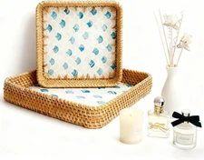 1 pcs Rectangle Rattan Serving Tray with Mother of Pearl Inlay, Decorative