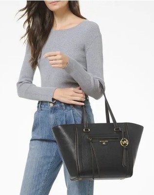  Michael Kors Carine Medium Pebble Leather Black Tote Shoulder Zip Bag