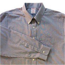 Brooks Brothers Madison Non Iron Button Shirt Mens 17 36 Blue Check Supima Dress