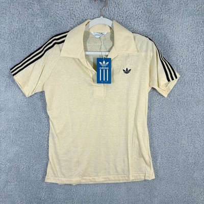VTG 80s Deadstock Adidas Polo Shirt Womens L Cream Black 3 Stripe Trefoil NWT