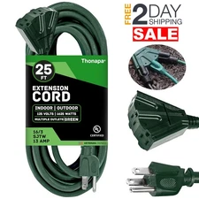 25 FT Black Extension Cord 16/3 Gauge With Multiple 3 Outlets Indoor Outdoor Use