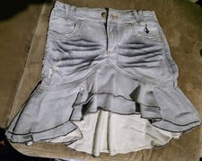 Baby Phat Y2K Gray Denim Jean High/ Low Mini Skirt Rhinestones Lace Vintage Sz 7