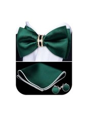 Mens Silk Bow Tie Pretied Bowtie with Gold Fashion Ring Z Dark Green Solid