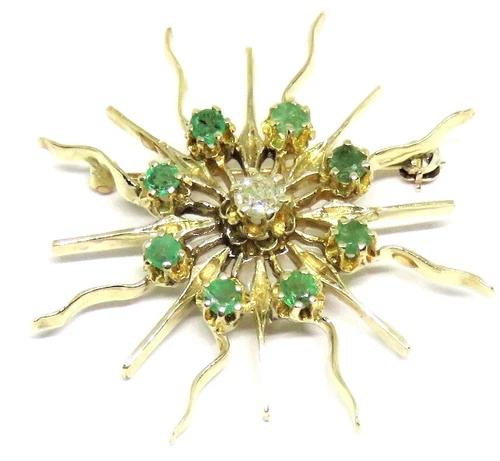 VINTAGE SUN PENDANT / PIN, DIAMOND & EMERALD PIN PENDANT, 14KY GOLD, STARBURST