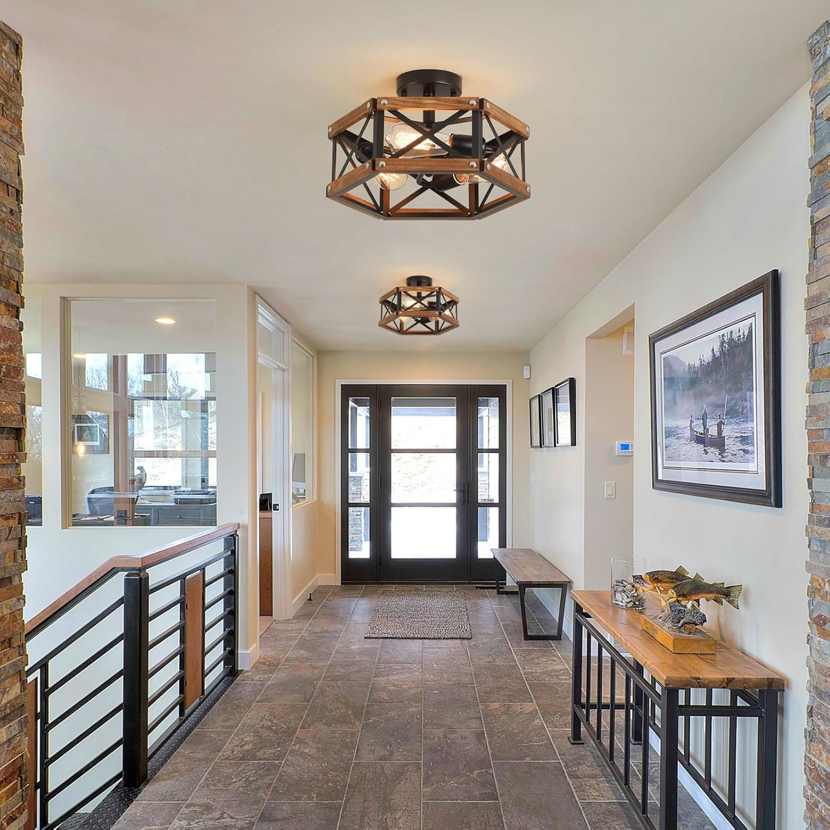 Rustic 3-Light Oak Wood & Metal Flush Mount Ceiling Light for