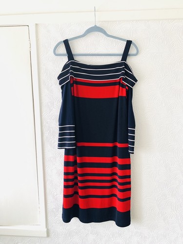 Frank Lyman Multi Colour Stripe Cold Shoulder Stretchy Dress Size Uk 14 - Picture 9 of 13
