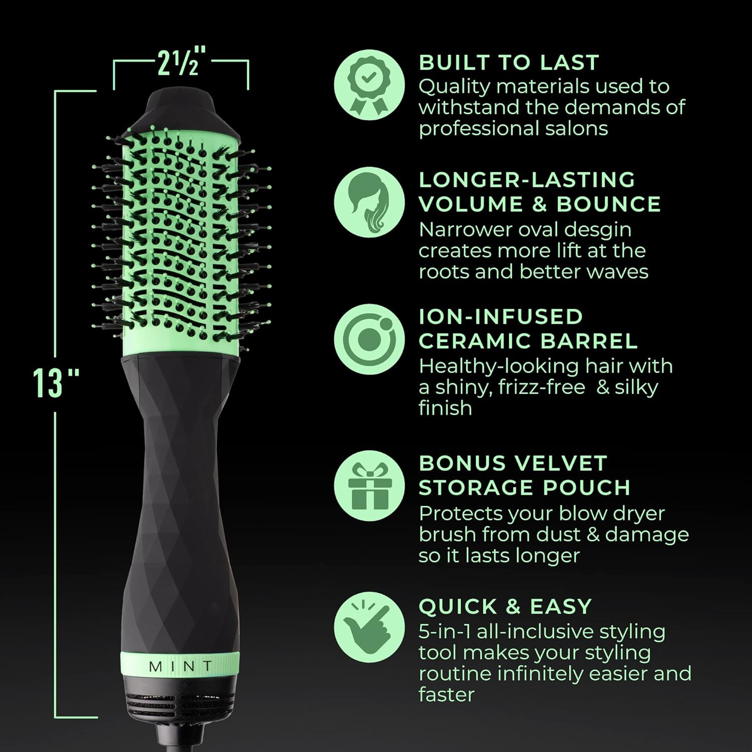 Professional Series 5-In-1 Ionic Hair Dryer Brush, Black &  Green - Powerful Fri