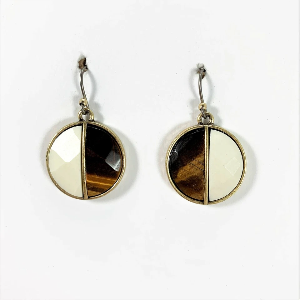 Lucky Brand Tigers Eye Ivory Colored Faceted Stone Earrings Gold Tone Metal - Image 4 of 4