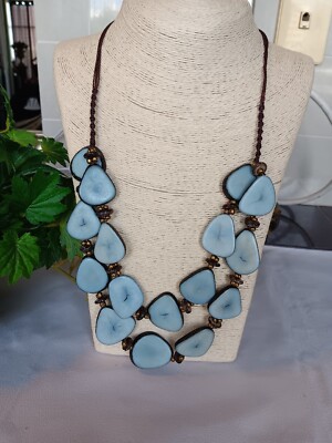 Tagua NUT Necklace 2 Strand Baby Blue, Bronze Beads, Waxed Cord, BOUTIQUE,  ECU