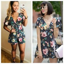Zara Polka Dot Jumpsuit Floral XS Romper Bloggers Boho Retro Tropical Hibiscus