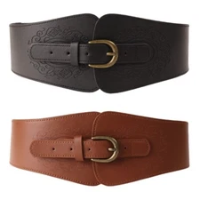 Women Flower Printed Wide Faux Leather Stretch Belt Elastic Corset Waistband