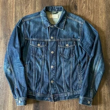 Everlane Dark Blue Denim Trucker Jean Jacket 4 Pocket Honeycomb Sleeves Mens S