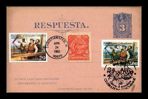 FIRST DAY POST CARD COVER CHRISTOPHER COLUMBUS US & ITALY & HONDURAS POSTAGE
