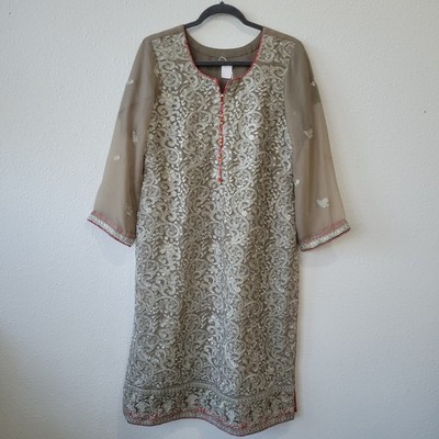 Vintage Indian Silk Grey Red Trim Embroidered Choli Dress Blouse Size Large L