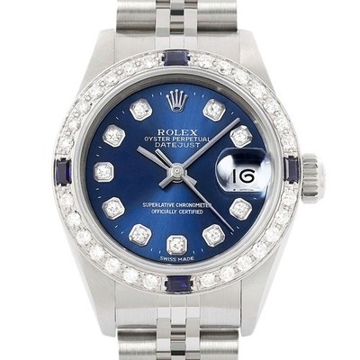 Rolex Datejust 18K Weiss Gold & Ss Ziffernblatt Blau Diamant Saphir Uhr 69174