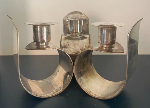 Antique Quist Art Deco silver plated three armed candlestick vintage 1940s
