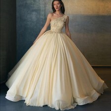 One Shoulder Champagne Wedding Dresses Luxury Beaded Lace Appliques Bride Gowns