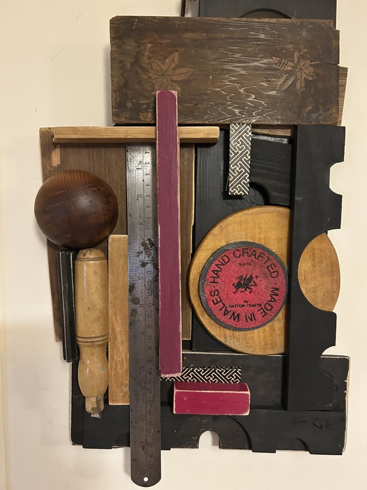 A one-of-a-kind handmade assemblage artwork built from curated vintage objects — the kind of wall piece that stops guests mid-sentence.