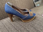 Andrea Women's Blue/Brown Textile Platform Open Toe Slip-On Heels Buckle Stud — photo 3