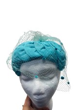 Vintage Turquoise Pillbox Hat With Veil  Floral Accents 9745