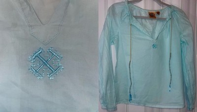 Tory Burch Long Sleeve Blouse Top Light Blue Beaded Tie Neckline Womens 6 Cotton