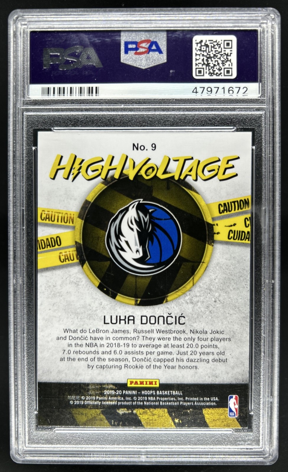 2019-20 Panini Hoops Luka Doncic High Voltage #9 Mavericks PSA 10 GEM MINT view 2