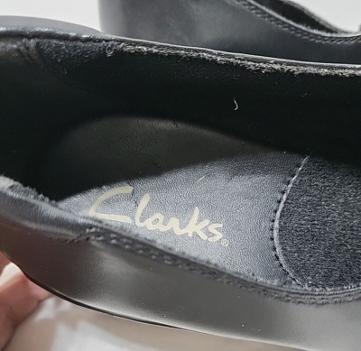 Clarks 83636 Trekk Wms Sz 7 Black Leather Wedge Heel Mules Side