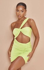 PRETTY LITTLE THING Lime One Shoulder Cut Out Ruched Bodycon Dress Size 16 UK