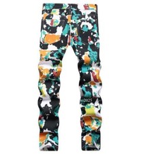 Mens Straight Leg Casual Colorful Printed Pants Stretch Denim Jeans Slim Trouser