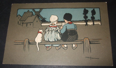 Alte ETHEL PARKINSON Comic Kunst HOLLÄNDISCHE KINDER WEISSE KATZEN KÄTZCHEN WINDMÜHLE HOLLAND
