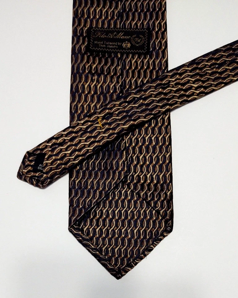 Corbata TOM JAMES Para Hombre 100% Seda EE. UU. Geométrica Marrón/Negro/Dorado Usada en Excelente Condición Foto 3 de 3