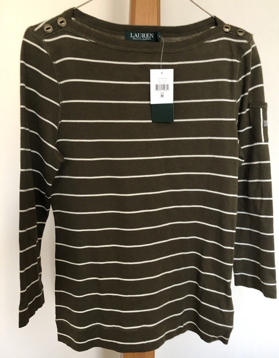 NWT Ralph Lauren Classic Striped Boatneck Top Size M Olive White Stripe  Bin-H