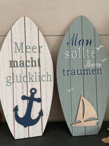 ‘Surfbrett’ Board Aqua blau creme Holz maritime Deko Anker Meer Segelboot Hänger - Bild 1 von 25