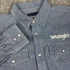VTG Wrangler Western Shirt Boys Xl 14-16 Chambray Pearl Snap Embroidered Rodeo