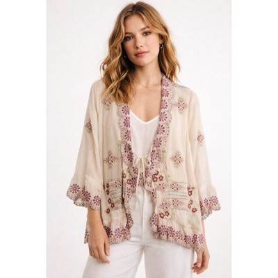 Johnny Was Embroidered Boho Kimono Jacket Cream Floral Cupra Rayon