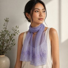 Vintage Sheer Lavender Embroidered Scarf Wrap Floral Mesh Y2K Cottagecore Soft