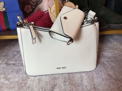 Nine West Medium White Crossbody Bag Zip Closure Detachable Strap Silver