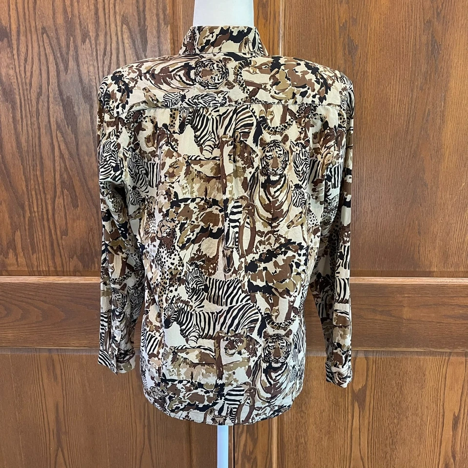 Doncaster Silks 衬衫上衣 6 码动物印花长袖 100% 真丝棕色卡其色 — 第 4/4 张图片