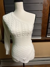 Woman White Sweater with one shoulder out. Beautiful Sweater - classy.